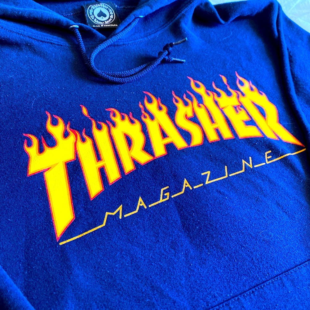 Thrasher Magazine Hoodie Mens SmallNavy Blue Flames Logo